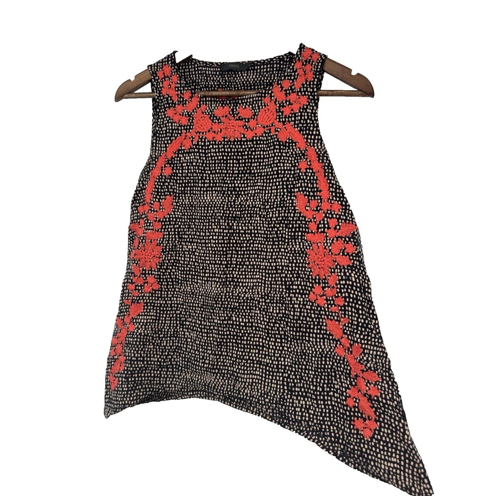 Anthropologie THML S Black Tank Orange Embroidered Flowers Festival beach resort